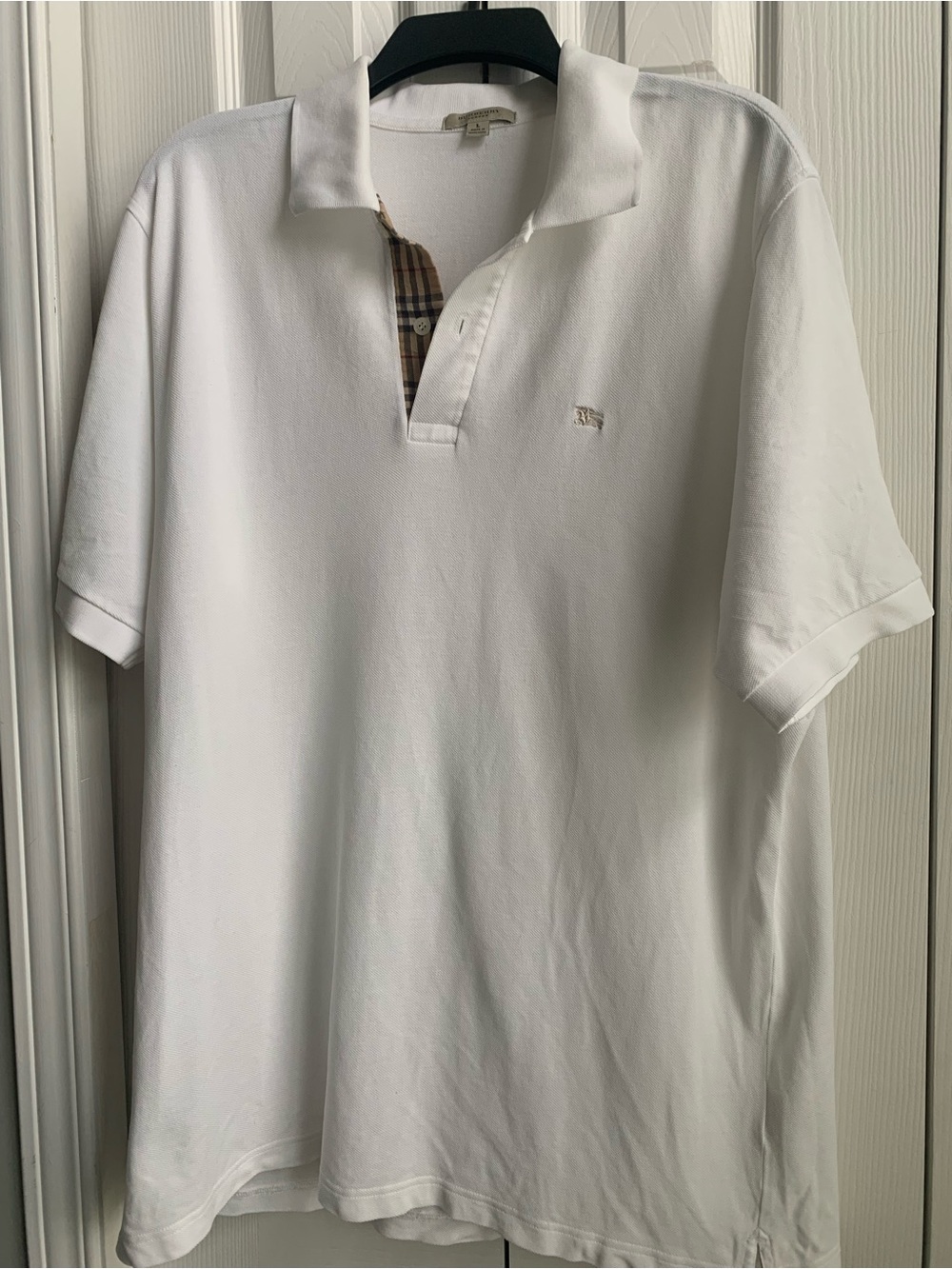 Authentic Burberry White Polo with Signature Beige Check Placket ( SZ L)